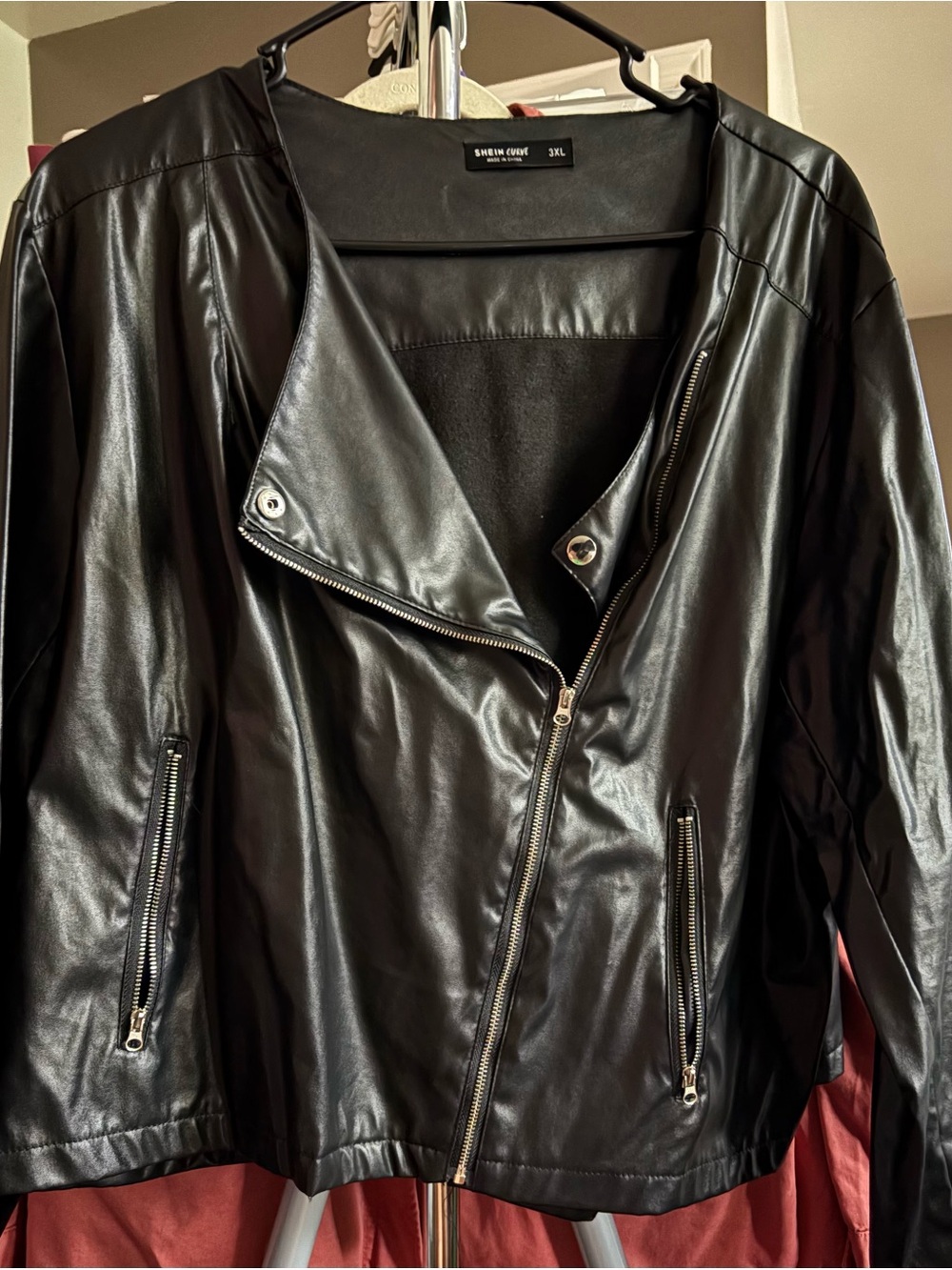 SHEIN Black Faux Leather Asymmetrical Zip Jacket